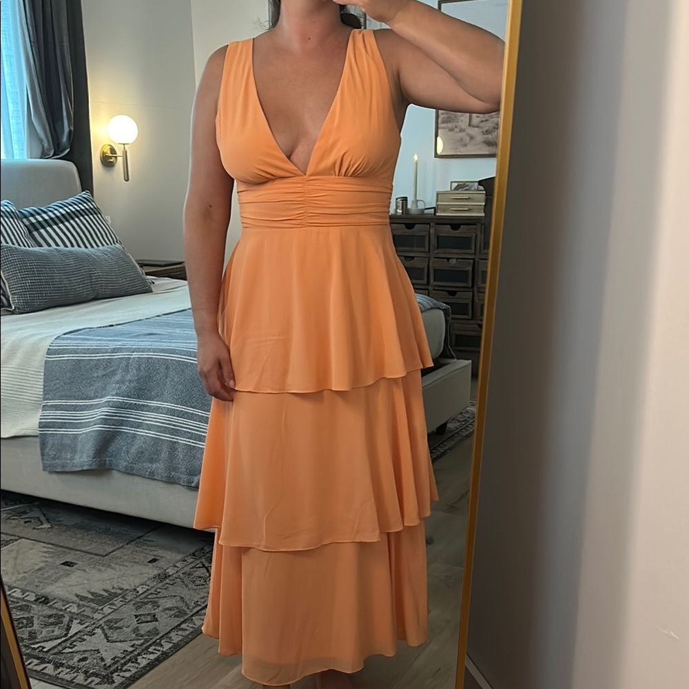 Lulu's Orange Ruffled Tiered Midi Dress for Wedding Guests
